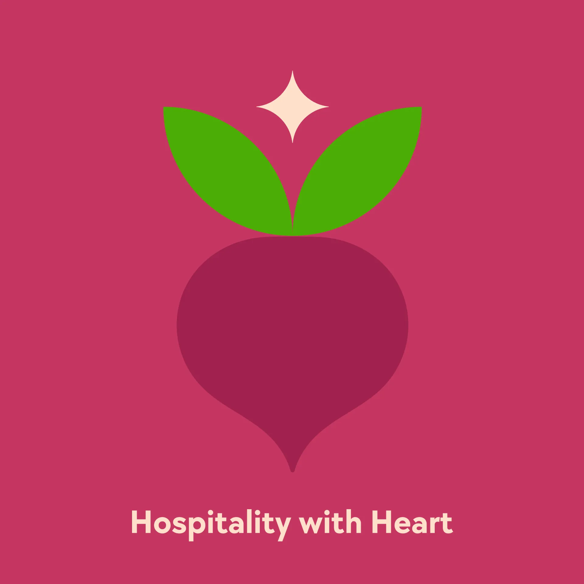 Beets Hospitality beet logo illustration with the tagline Hospitality with Heart on a pink background