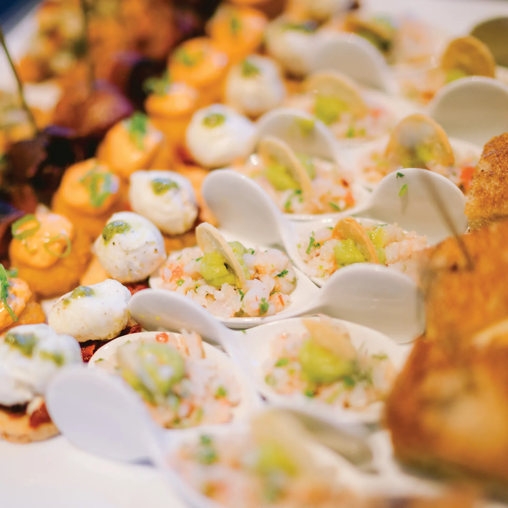 Close-up of assorted hors d'oeuvres in tasting spoons and bite-sized appetizers on a catering spread