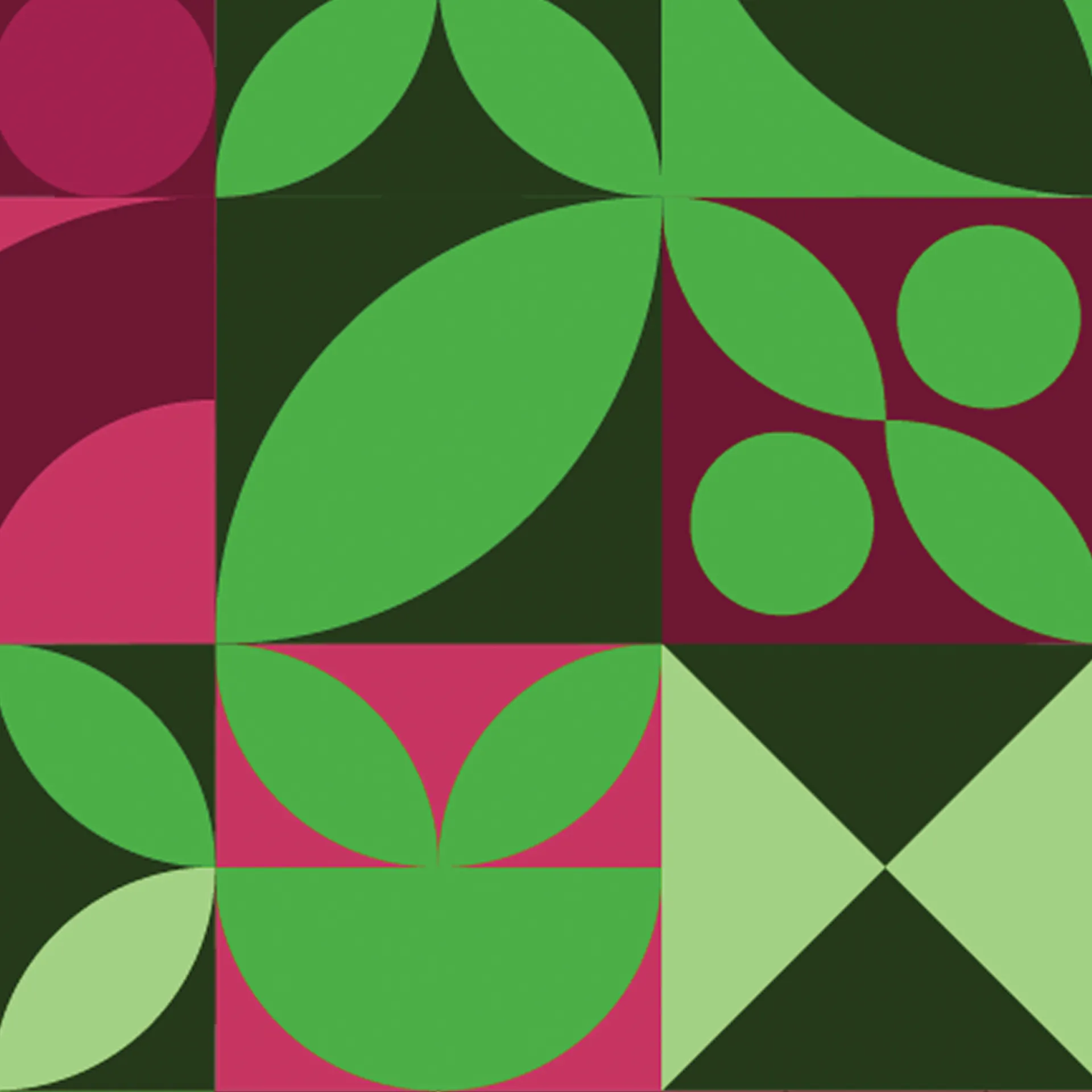 Geometric pattern of green leaves and circles on a beet and green color-blocked background