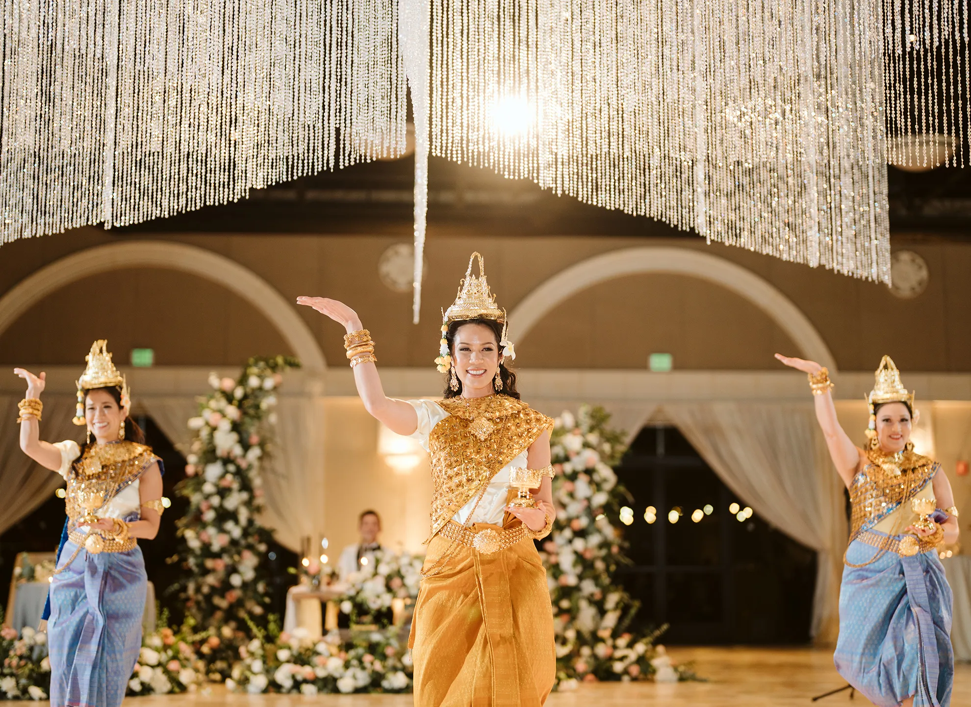Cambodian Apsara dancers performing at a wedding reception